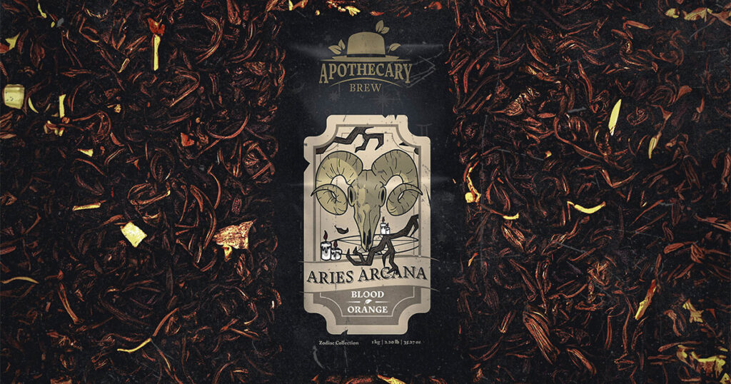 Aries Arcana blood orange tea packaging by Apothecary Brew, set against dried loose leaf tea background with hand-drawn ram skull label