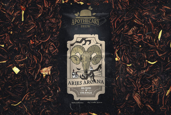 Aries Arcana blood orange tea packaging by Apothecary Brew, set against dried loose leaf tea background with hand-drawn ram skull label